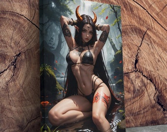 Zauberhafte Elfe Art Print • Fantasy Wandbild • Mystische Elfe mit Hörnern im Teich • Ätherischer Wald Leinwand Dekor • Elfen Kunst