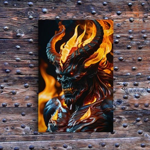 May include: A digital illustration of a demonic creature with horns and glowing red eyes. The creature is surrounded by flames and has a fierce expression.
