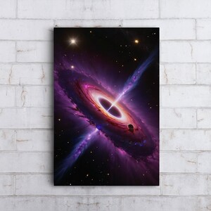 May include: A digital illustration of a black hole in space. The black hole is surrounded by a swirling nebula of purple, pink, and blue gas. There are stars in the background.