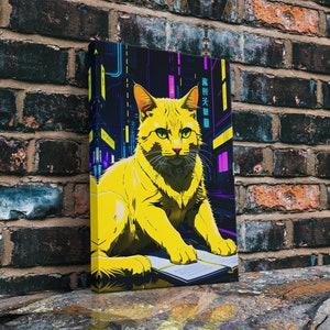 Neon Yellow Cyberpunk Cat Art Stretched Canvas, Feline Meow City Print, Pet Portrait, Framed and Unframed, 10K Hyper Resolution Wall Art