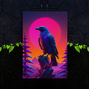 May include: A digital art print featuring a dark blue raven perched on a tree stump, set against a vibrant sunset with a large pink sun. Purple trees and mountains frame the scene, creating a fantasy landscape.