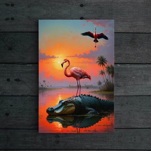 May include: A pink flamingo stands on the back of a large alligator in a swamp setting. The alligator is partially submerged in the water. The sky is a vibrant orange and pink sunset.