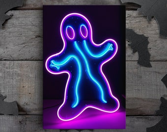 Neon Ghost Art gespannte Leinwand, gerahmt und ungerahmt, gruselige Halloween-Kunst, 10K Hyperauflösungs-Wandkunst