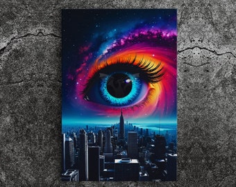 Eye Kunstwerk Blackhole Stadtbild Leinwand, Trippy Art, kosmischer Weltraum lebendige Kunst, gerahmte Leinwanddruck, gerahmte Wandkunst, Wanddekor