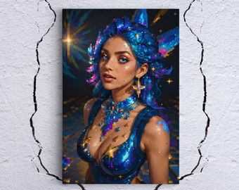 Pixelated Girl Stretched Canvas, Framed and Unframed, 10K Hyper Resolution Geometric Wall Art, Gamer Chick