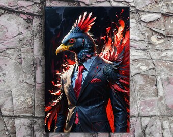 Bird In Suit Stretched Canvas, Framed and Unframed, Animal Portrait, Dapper Man Cave Gift, 10K Hyper Resolution Wall Art