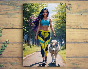 Fitness Girl Walking Pet Wolf, Stretched Canvas, Framed and Unframed, Park Scenery Portrait, 10K Hyper Resolution Wall Art