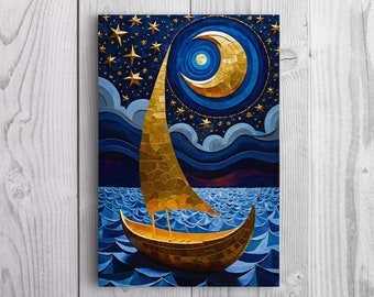Mosaic Gold Boat Moonlit Sea Stretched Canvas, Stained Glass Art, Stars Crescent Moon, Framed and Unframed, 10K Hyper Resolution Wall Art