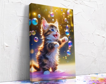 Kitten Playing With Bubbles Stretched Canvas, Cute Cat, Artistic Framed and Unframed, 10K Hyper Resolution Wall Art
