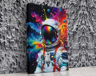 Rainbow Astronaut Stretched Canvas, Framed and Unframed, 10K Hyper Resolution Splash Wall Art, Outer Space Galaxy Paint