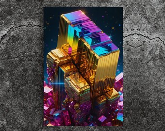 Rainbow Bismuth Crystal Stretched Canvas, Framed and Unframed, Gold Healing Minerals, 10K Hyper Resolution Wall Art
