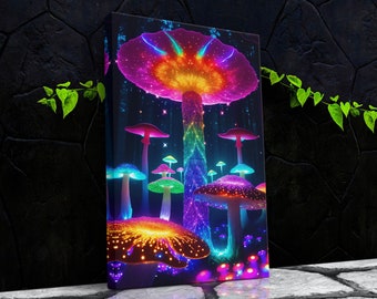 Magic Mushroom Forest Stretched Canvas, Framed and Unframed, Rainbow Psychedelic 10K Hyper Resolution Wall Art, Trippy Enchanted Magic