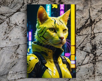 Cyberpunk-Katzenkunst gespannte Leinwand, gerahmt und ungerahmt, dystopische Stadtkunst, Spielzimmerkunst, gerahmte Leinwanddruck