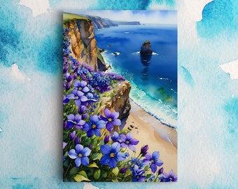 Aquarell Blumen Strand Malerei, Blumen Ozean Landschaft, gerahmt Leinwand Kunst, schöne Aquarell Blumen Kunst