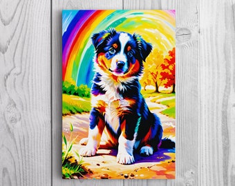 Regenbogen-Welpe Aquarellmalerei gestreckte Leinwand, nette Hundekunst, gerahmt und ungerahmt, entzückender Hundewanddekor