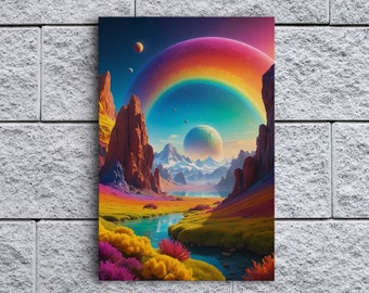 Rainbow Land Stretched Canvas Art, Framed and Unframed, Outer Space Planet 10K Hyper Resolution Wall Art, Landscape