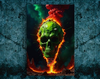 Green Fire Skull Stretched Canvas, Framed and Unframed, 10K Hyper Resolution Wall Art, Meteor Apocalypse, Volcano Doom Art