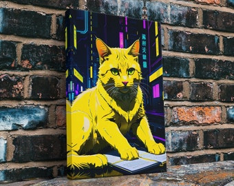 Neongelbe Cyberpunk Katze Kunst Leinwand, Katzen Miau Druck, Haustier Portrait, gerahmt und ungerahmt, 10K Hyper Auflösung Wandkunst