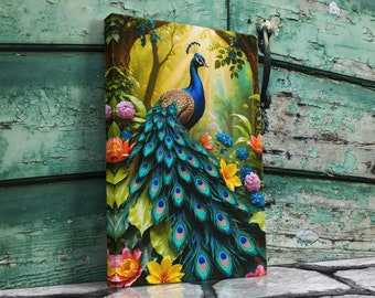 Pfau Wandkunst, Schöne Federn Gestreckte Leinwand, Magische Wald Gemälde, Blumen gerahmt und ungerahmt