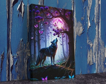 Wolf-Schmetterling-Wald gespannte Leinwand, gerahmt und ungerahmt, 10K Fantasy Moon Hyper Resolution Wandkunst