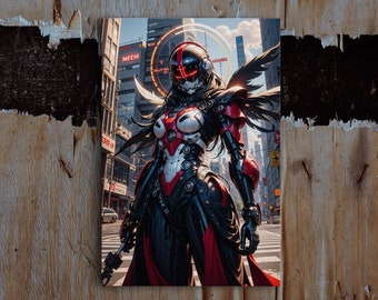 Red Mecha Robot Stretched Canvas Art, Framed and Unframed, Cyberpunk, 10K Hyper Resolution Wall Decor,