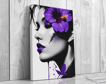 Blumenfrau lila Hibiskus, Porträt gestreckte Leinwand, Wanddekor gerahmt und ungerahmt, Nahaufnahme Fotografie Kunst