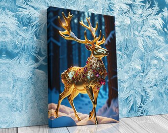 Golden Reindeer, Bedazzled Jewels, Christmas, Snowy Winter Scene, Stretched Canvas, Framed and Unframed, 10K Hyper Resolution Wall Art