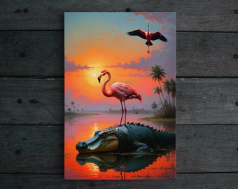 Flamingo Alligator Ölgemälde Kunst, See Landschaft Kunst, Wohnzimmer Dekor