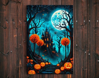 Halloween Schloss gespannte Leinwand, Kürbis-Fledermausszene Nacht, gruselige Kunst, Mondmalerei, gerahmt und ungerahmt, 10K Hyperauflösung Wandkunst