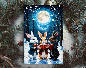 Weihnachtslied-Kaninchen-Kunst auf Keilrahmen, verschneite Winternacht, Mond beleuchteter Himmel, süßes Häschen gerahmt und ungerahmt, 10K Hyper-Auflösung