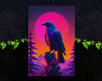 Synth Wave Raven Sunset Stretched Canvas, Bird Watching Framed and Unframed, 10K Hyper Resolution Portrait Wall Art