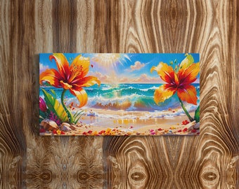 Strandblumen Landschaftskunst, Ozeankunst-Leinwand, schöne Grafik, Wellen, die im Sonnenlicht abbrechen, Naturszene Troipical