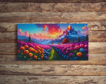 Berg Blumen Landschaft Malerei Druck gespannte Leinwand, stilisiert gerahmt und ungerahmt, große Wandkunst, Berg Wandkunst