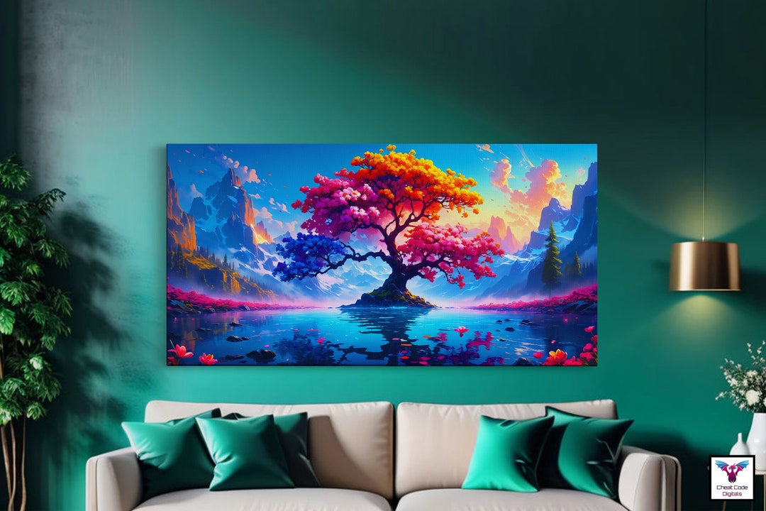 Tree of Life Art Landscape Stretched Canvas, Lake Scene Nature Stylized
