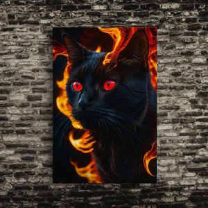 May include: A black cat with glowing red eyes is surrounded by flames. The cat's fur is black and the flames are orange and yellow.