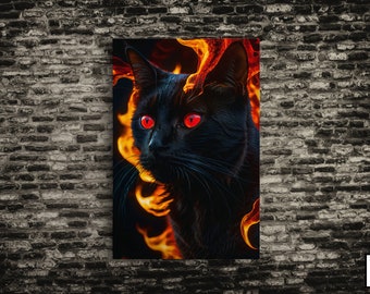 Hell Cat Stretched Canvas, Framed and Unframed, 10K Hyper Resolution Wall Art, Feline Fire Demon, Portrait