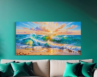 Blaue Meereswellen am Strand Kunst, gerahmte Leinwanddruck, schöne Wanddekoration, Natur Landschaft, Sonnenuntergang Kunst, Ölgemälde