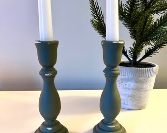 Green Wood Candlestick Holders - Set of 2