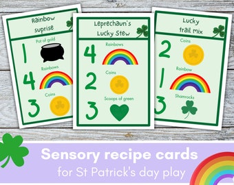 St Patricks day sensory bin cards, St Patricks day printable, preschool maths, St Patricks recipe cards, St Patricks activity, sensory play