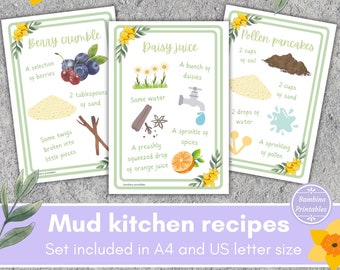 Mud kitchen recipe cards, printable flash cards, sensory play activities, outdoor activities, forest school, nature activity, eyfs resource