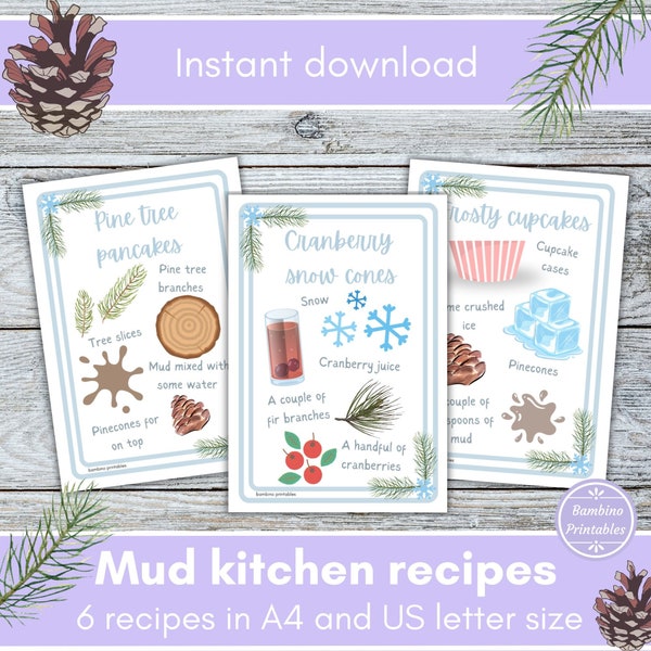 mud kitchen recipe cards, winter activities, printable flash cards, forest school, Montessori, sensory activities, outdoor activities