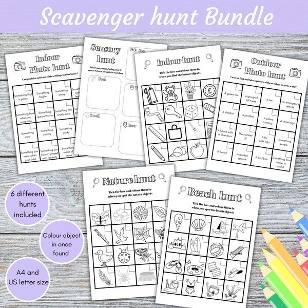 Scavenger hunt, kids scavenger hunt, nature hunt, outdoor games, preschool curriculum, rainy day play, printables, colouring activity sheets