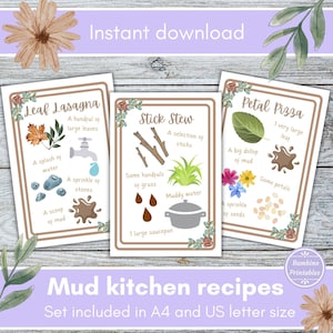 Mud kitchen recipe cards, printable flash cards, sensory play activities, outdoor activities, forest school, nature activity, eyfs resource