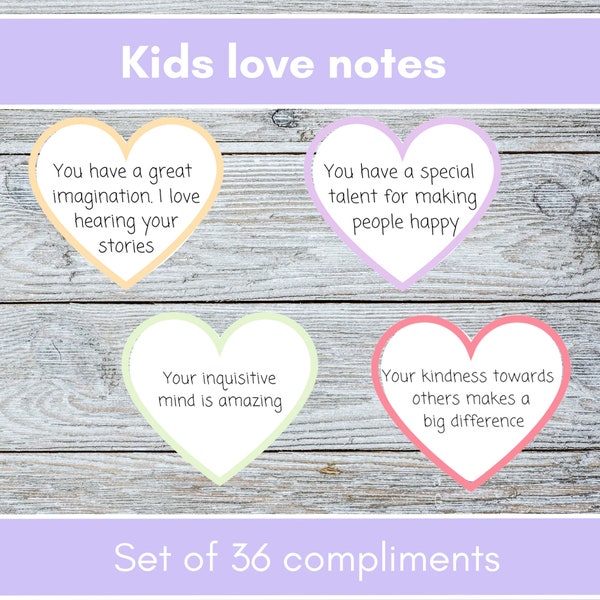 Kids love notes, childrens compliments cards, valentine's notes, kids wellbeing resources, valentine's printables, lunchbox notes