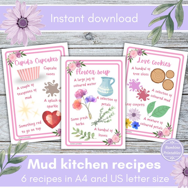 mud kitchen recipe cards, valentine's printables, forest school activities, mud kitchen accessories, mud kitchen printable, eyfs