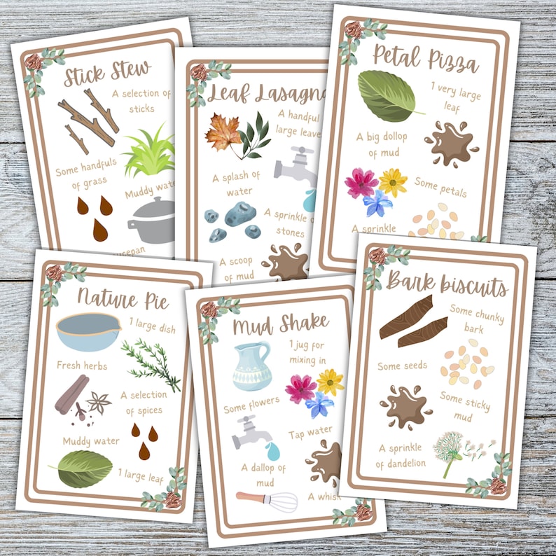 Mud kitchen recipe cards, printable flash cards, sensory play activities, outdoor activities, forest school, nature activity, eyfs resource image 2
