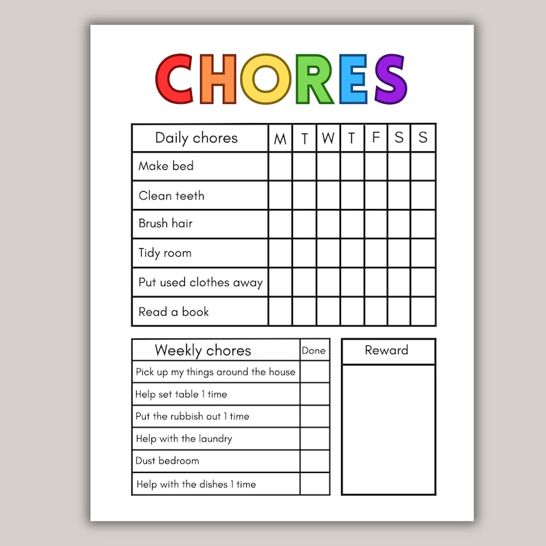 Chore Chart for Kids Family Chore Chart Chore Chart Printable Chore Chart for Kids Family Chore Chart Chore Chart Printable