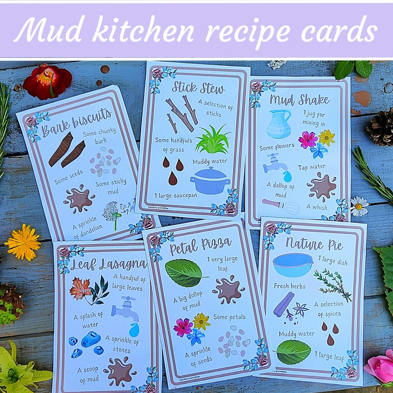 Mud kitchen recipe cards, printable flash cards, sensory play activities, outdoor activities, forest school, nature activity, eyfs resource image 3