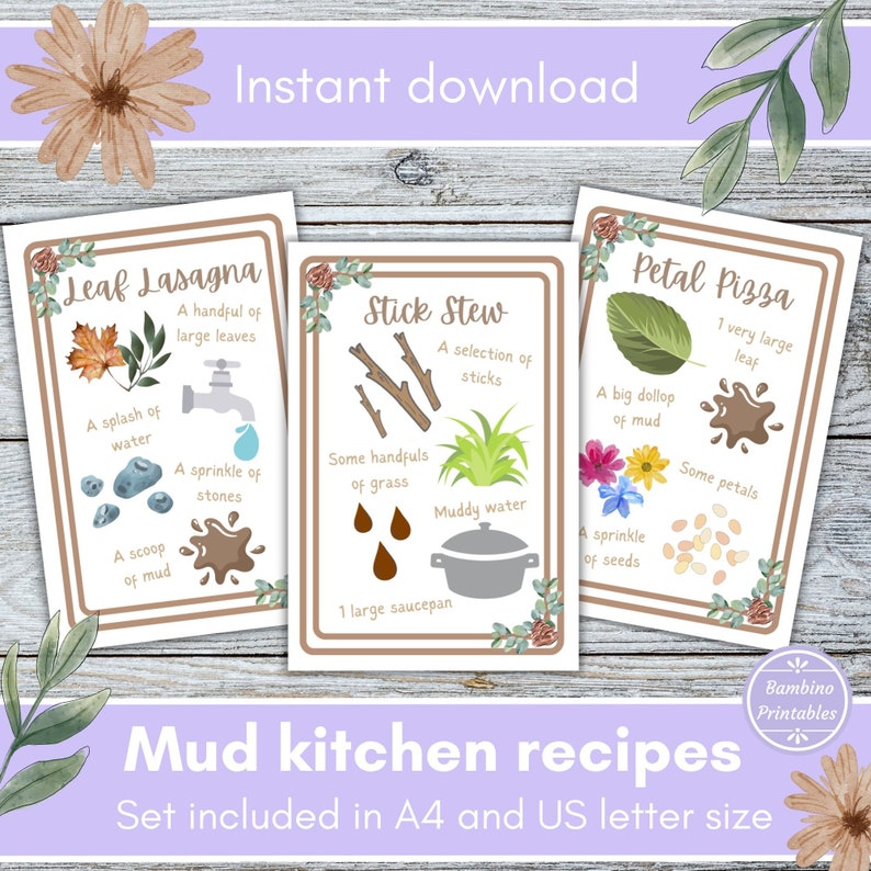 Mud kitchen recipe cards, printable flash cards, sensory play activities, outdoor activities, forest school, nature activity, eyfs resource image 1