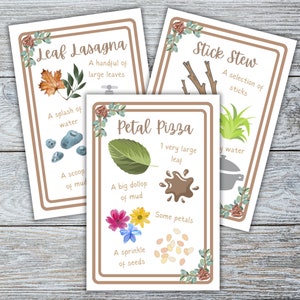 Mud kitchen recipe cards, printable flash cards, sensory play activities, outdoor activities, forest school, nature activity, eyfs resource image 4